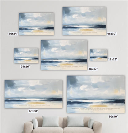 a collection of six landscape paintings, each varying in size and frame, displayed on a wall. The paintings depict serene scenes of the ocean and sky, with a focus on the horizon. The frames are labeled with their respective sizes, ranging from 36x24" to 60x30", and the paintings are arranged in a grid-like pattern.