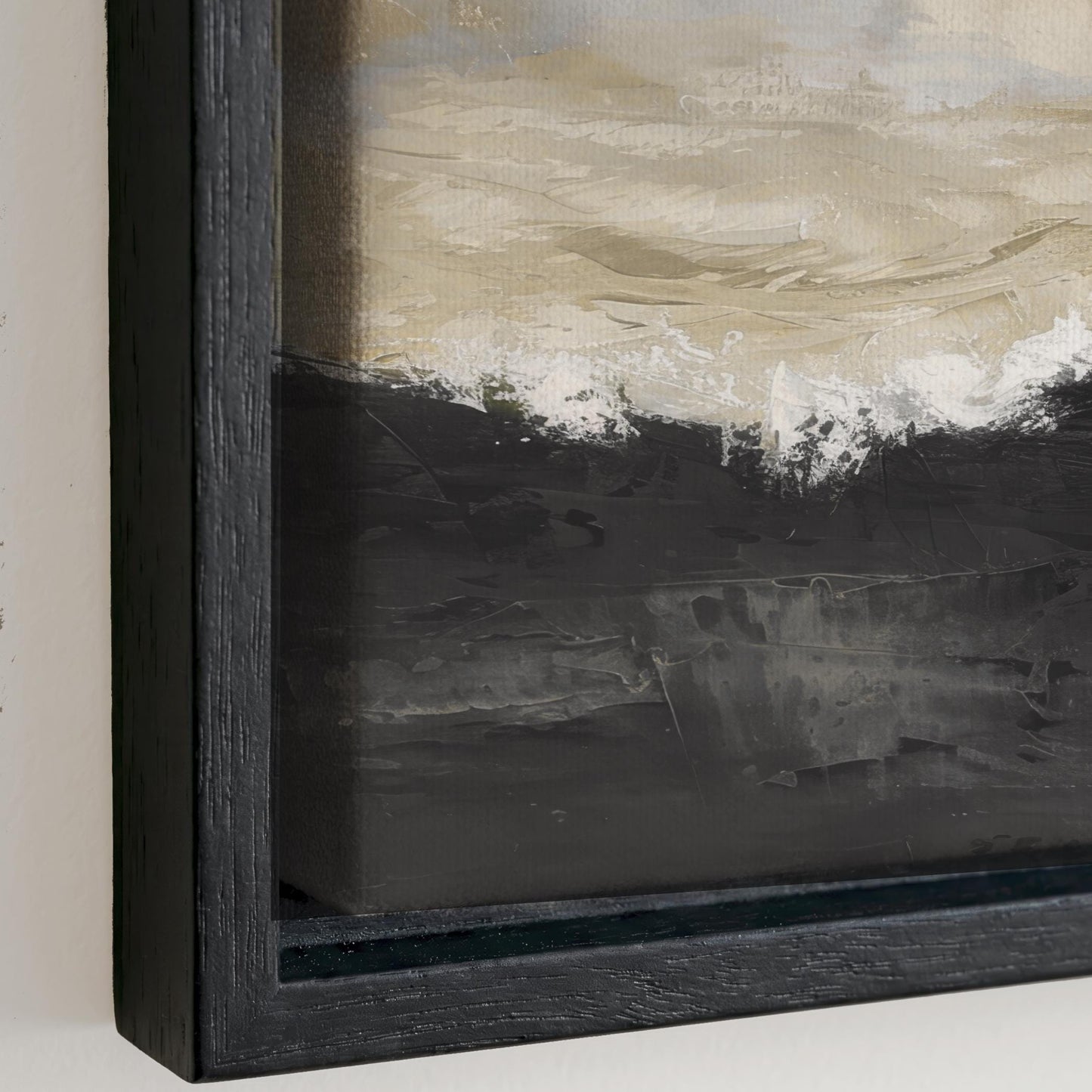 The image is a framed painting depicting a landscape with a dark background and a lighter, more textured area in the foreground.