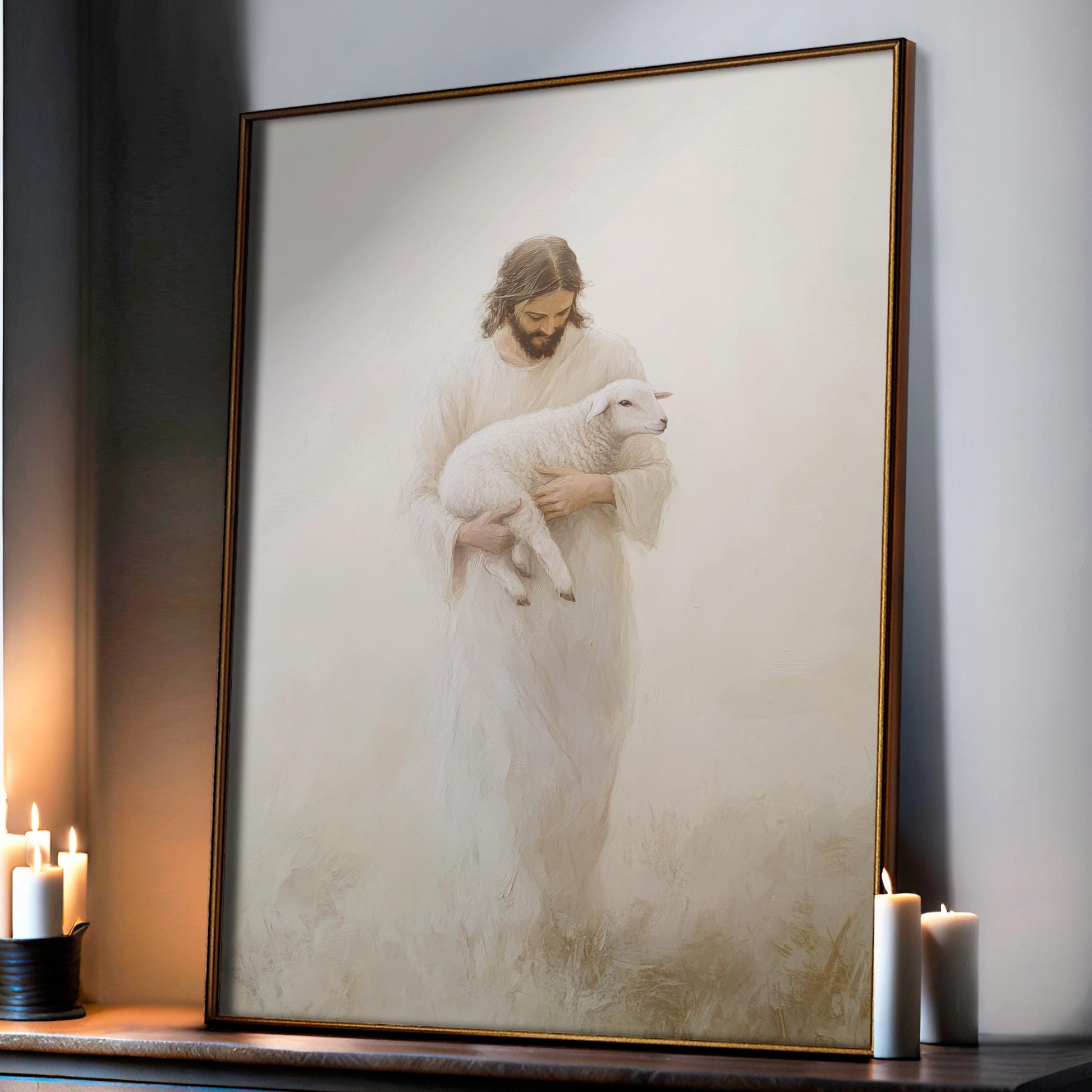 A framed painting of Jesus Christ holding a lamb, with candles in the background.