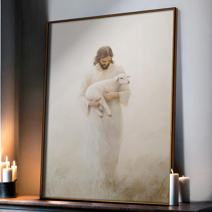 A framed painting of Jesus Christ holding a lamb, with candles in the background.