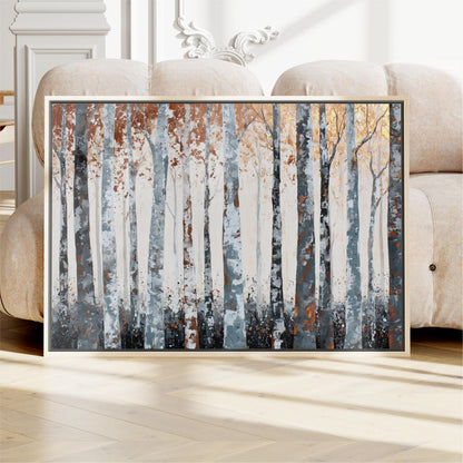 a framed painting of a forest scene with tall trees and a mix of brown and white colors.