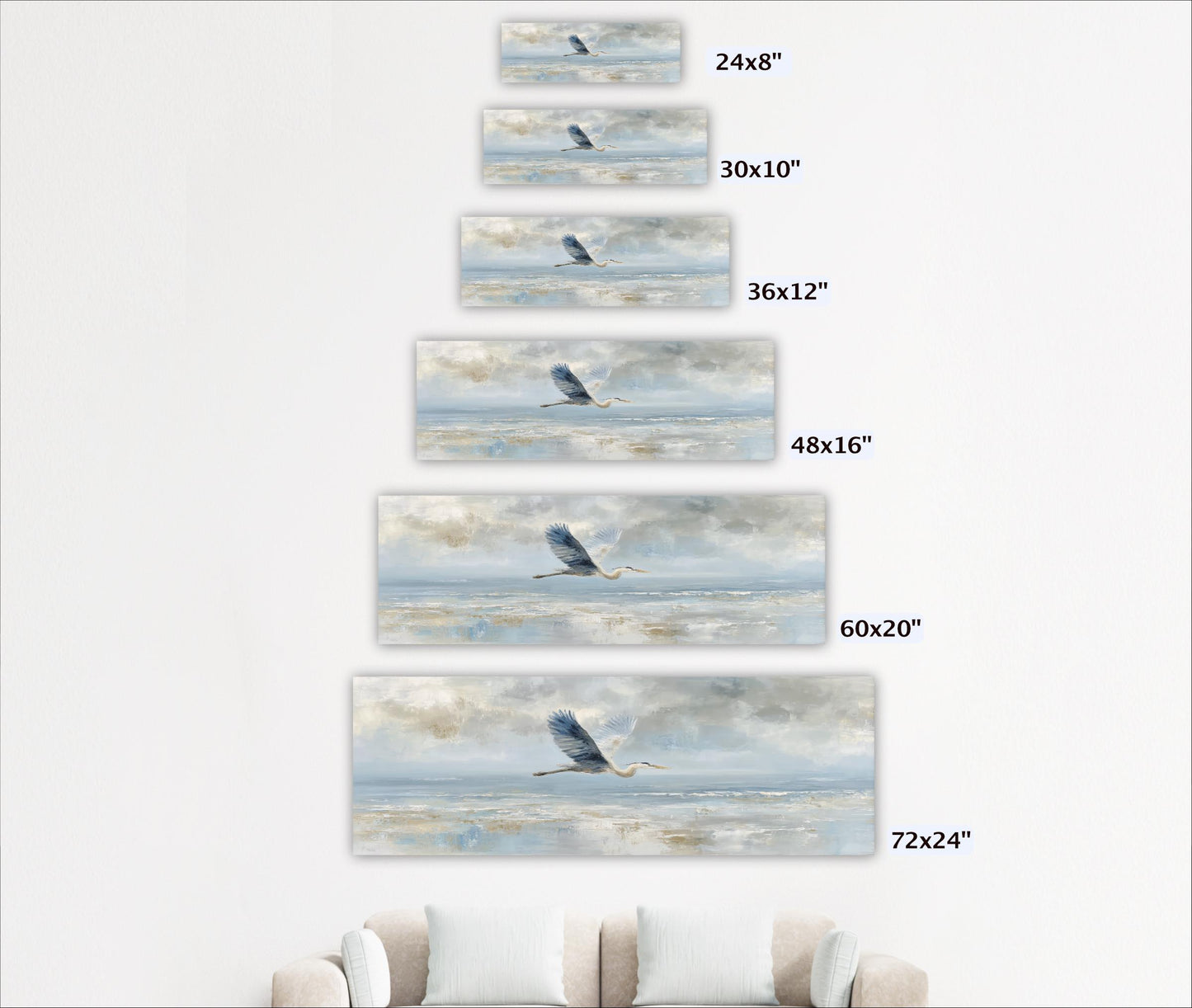 A series of framed artworks depicting a bird in flight over a body of water, with each frame showing a different size of the artwork.