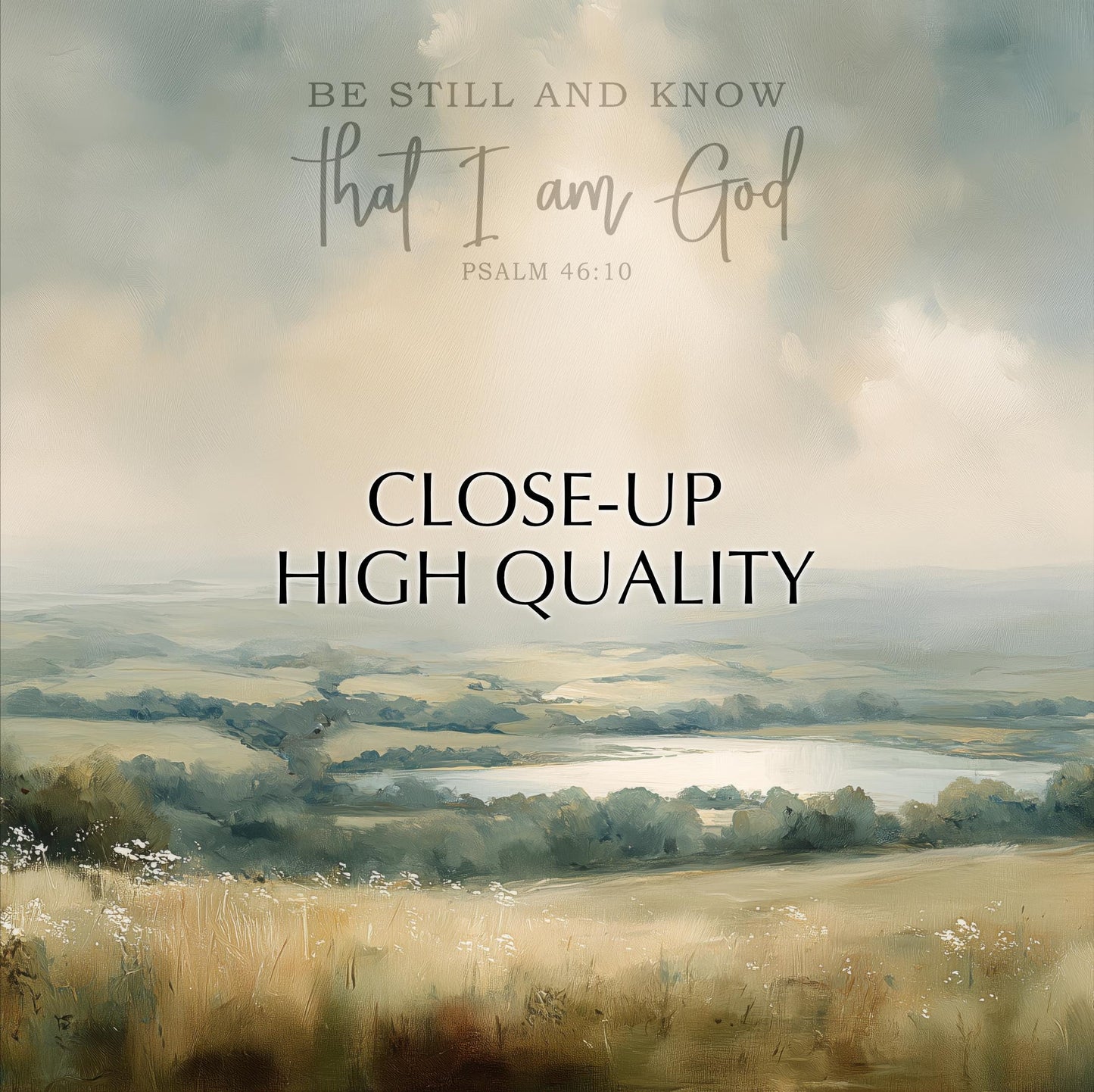 The image is a pastoral landscape with a lake and trees, featuring a text overlay that reads "Be Still and Know that I am God" and "Close-up High Quality".