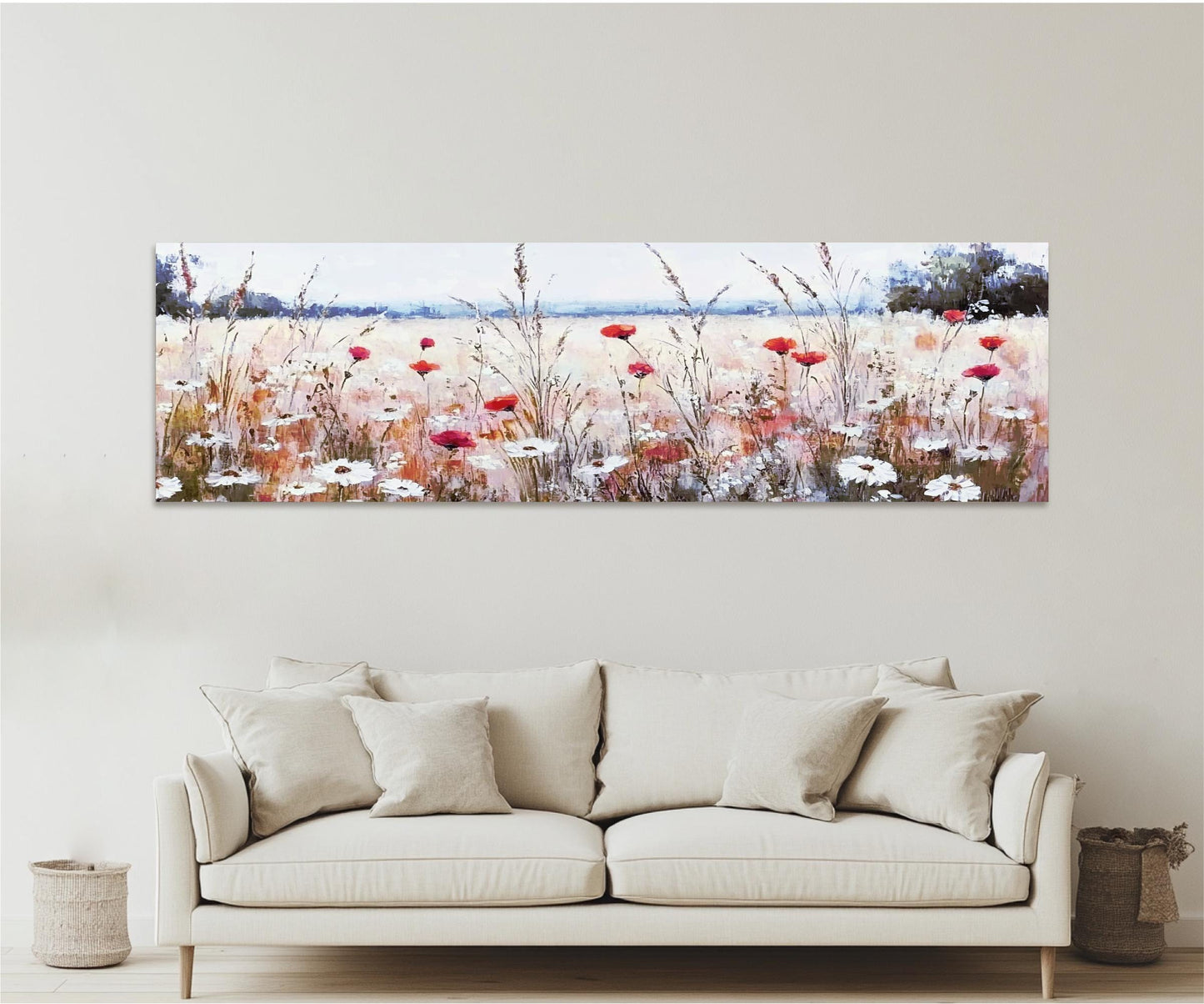 a living room with a couch and a painting on the wall