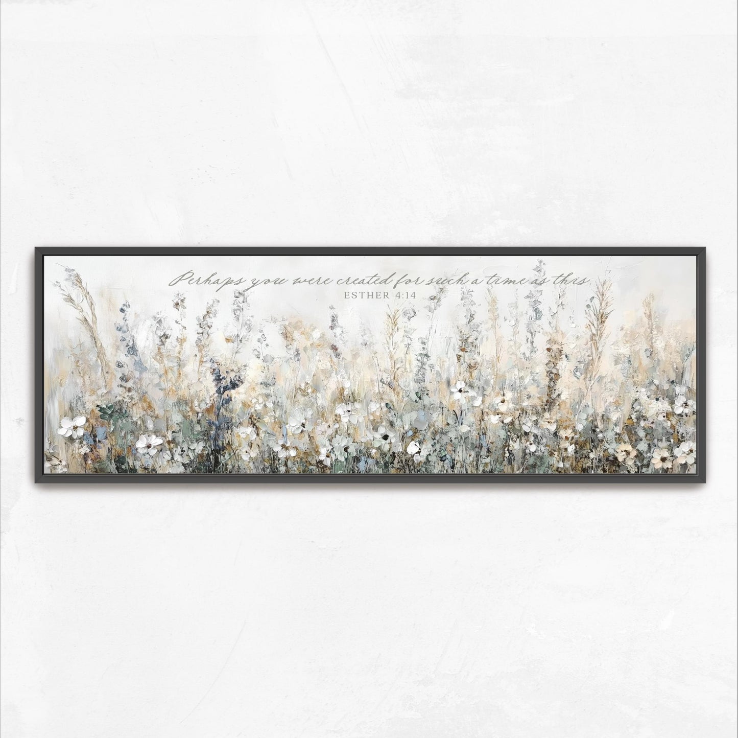 The image is a framed painting depicting a field of tall grass and wildflowers.