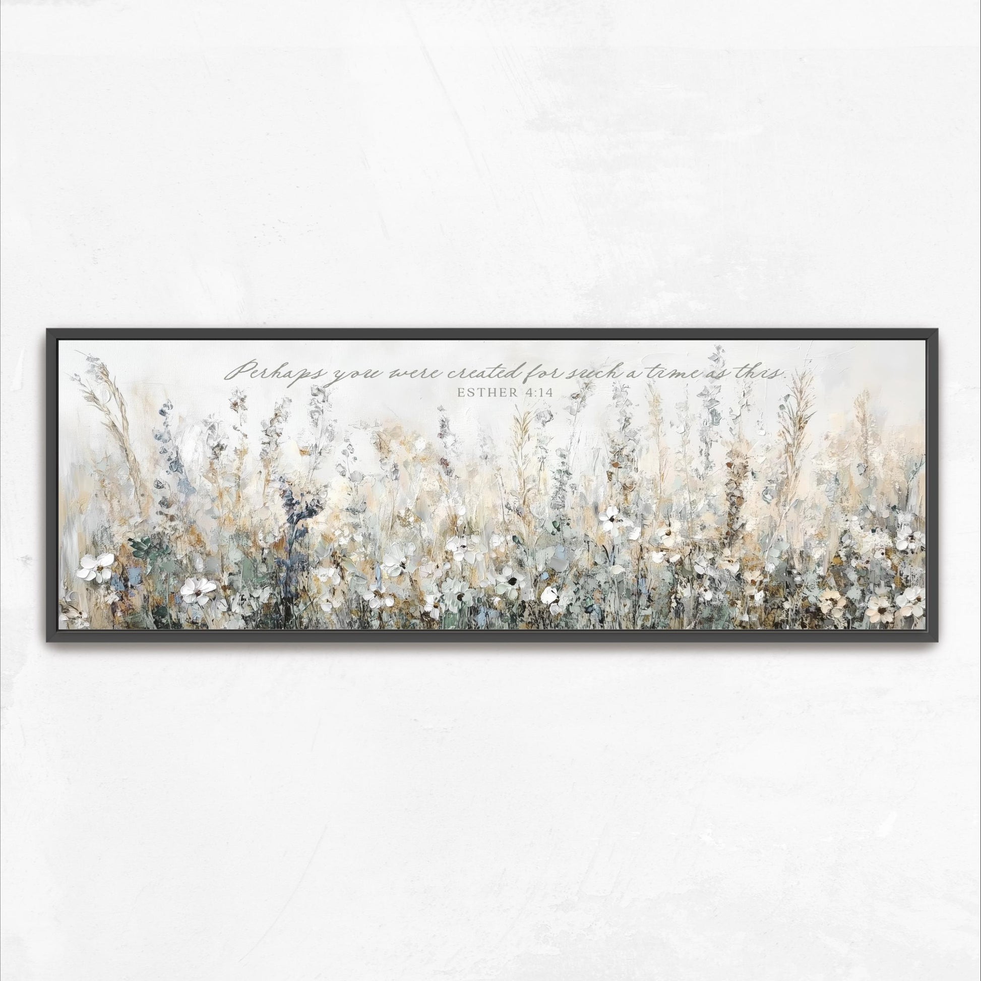 The image is a framed painting depicting a field of tall grass and wildflowers.