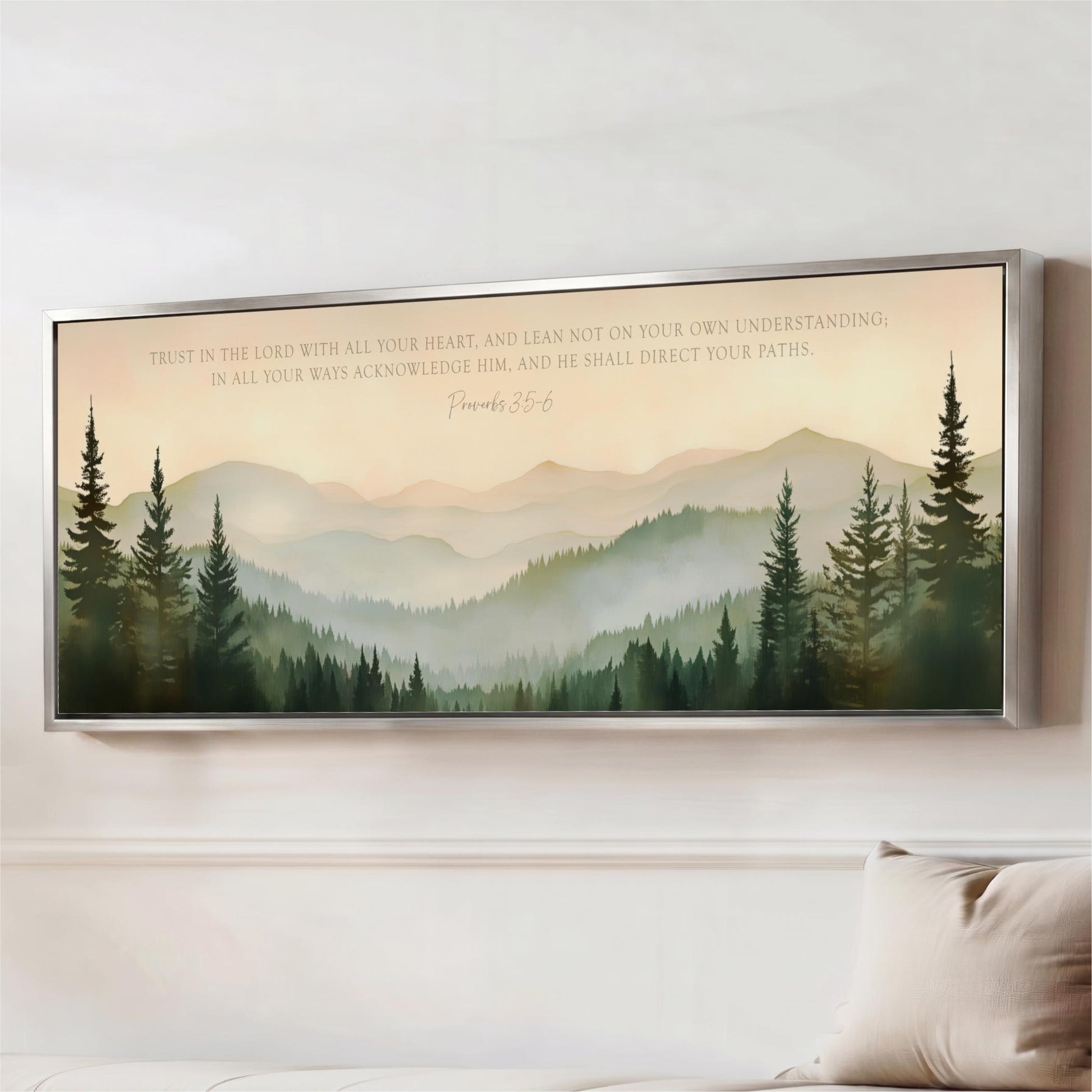 The image is a framed artwork depicting a serene mountain landscape with pine trees and a hazy, golden sky. The text overlay provides a biblical message about trust in the Lord and the importance of following one's path, as seen in the image.