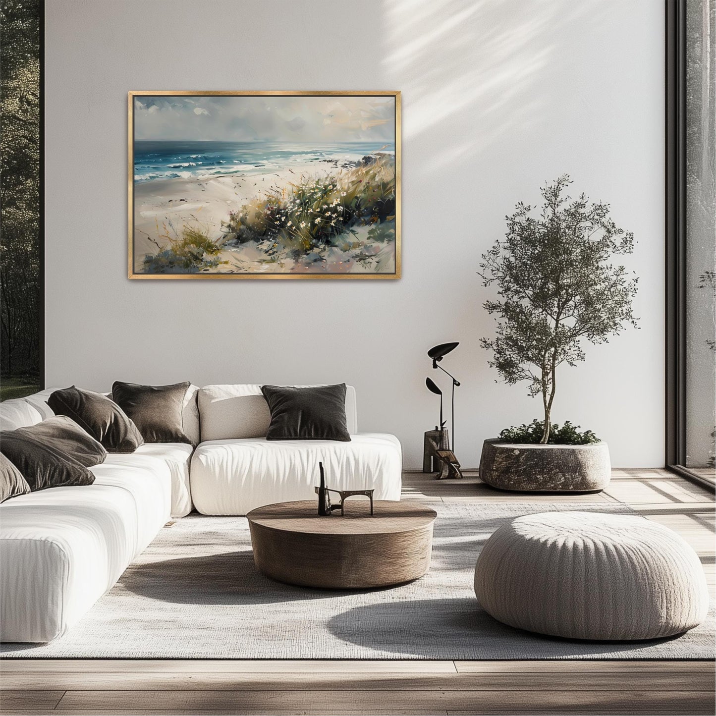 a living room with a large painting on the wall