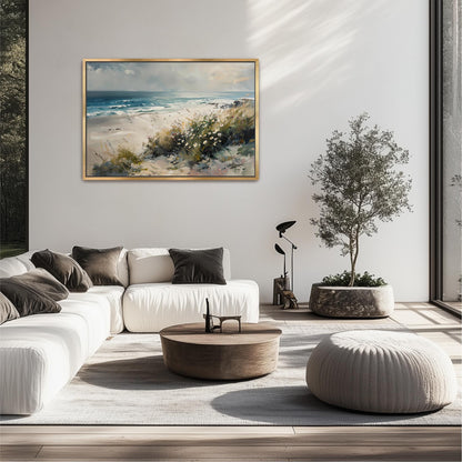 a living room with a large painting on the wall