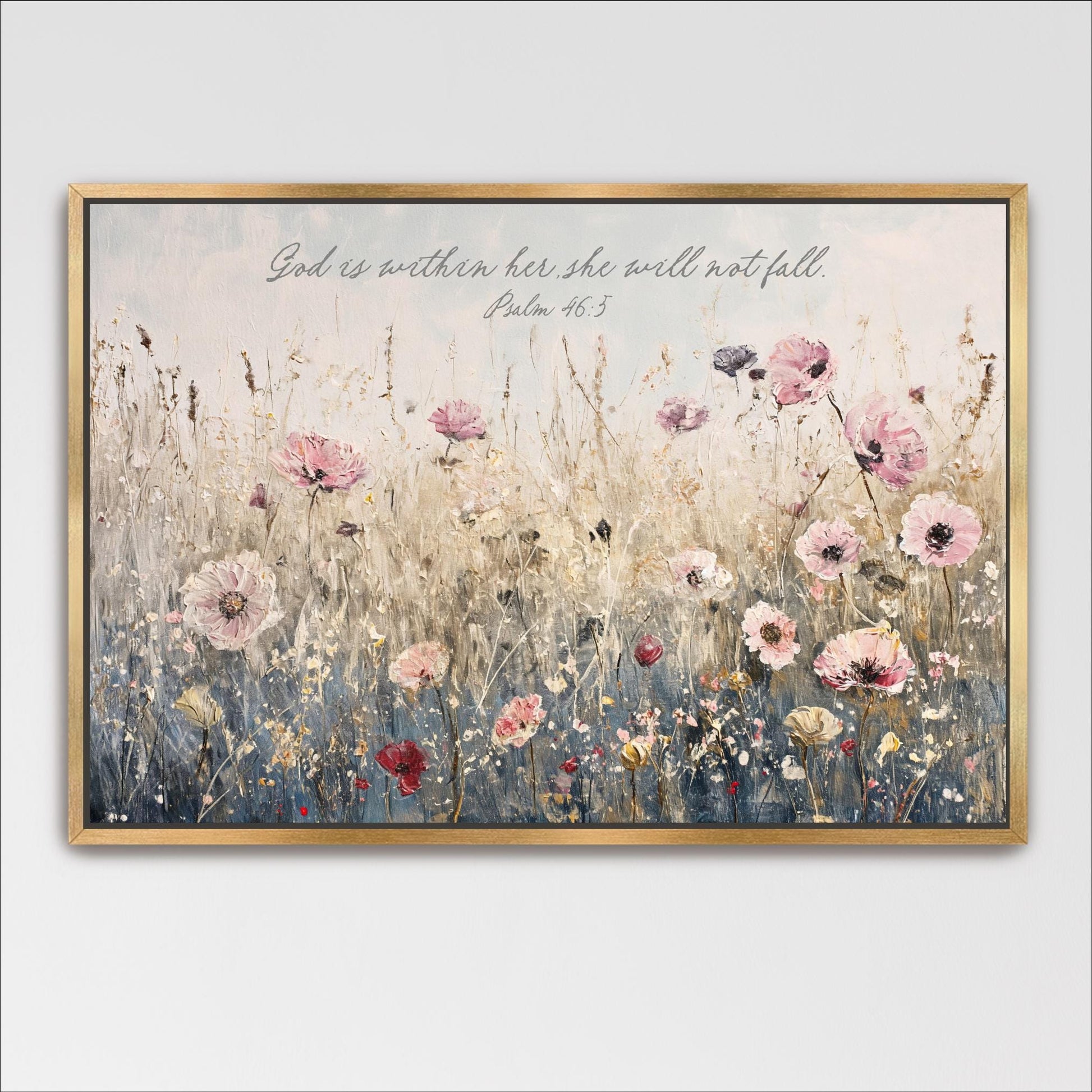 Vintage Pink Wildflowers Art, God Is Within Her She Will Not Fall, Psalm 46:5 Christian Women, Bible Verse Framed Canvas Print Shipped