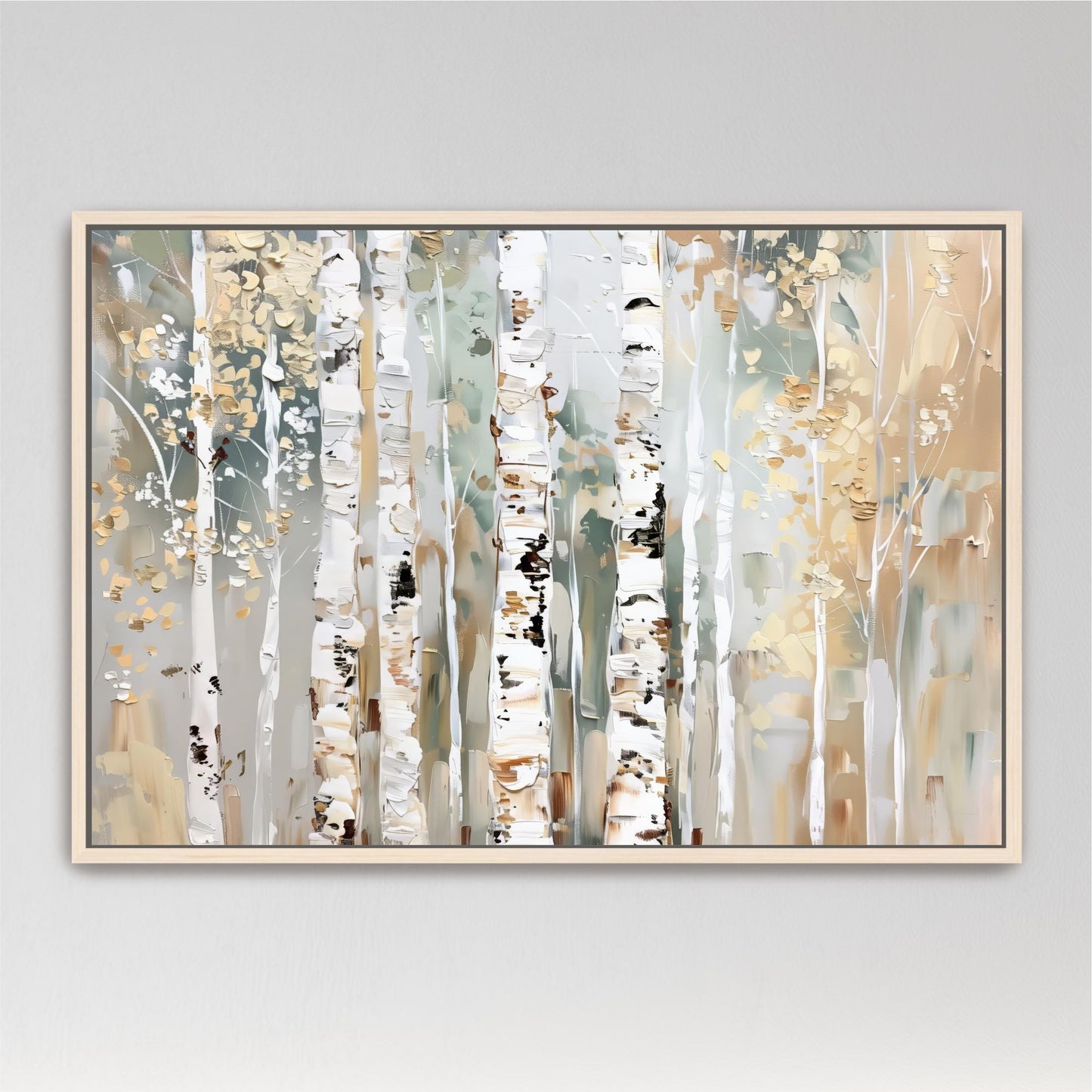 The image is a framed painting depicting a forest scene with birch trees.