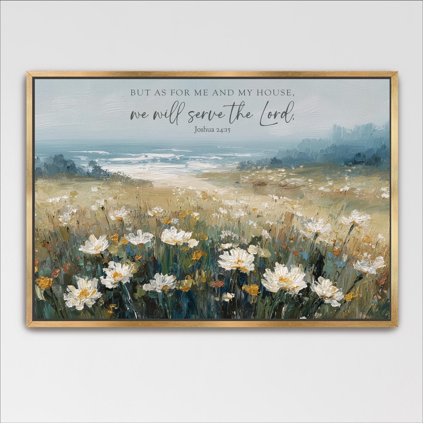 The image is a framed painting depicting a field of white flowers against a backdrop of a blue sky and a body of water.