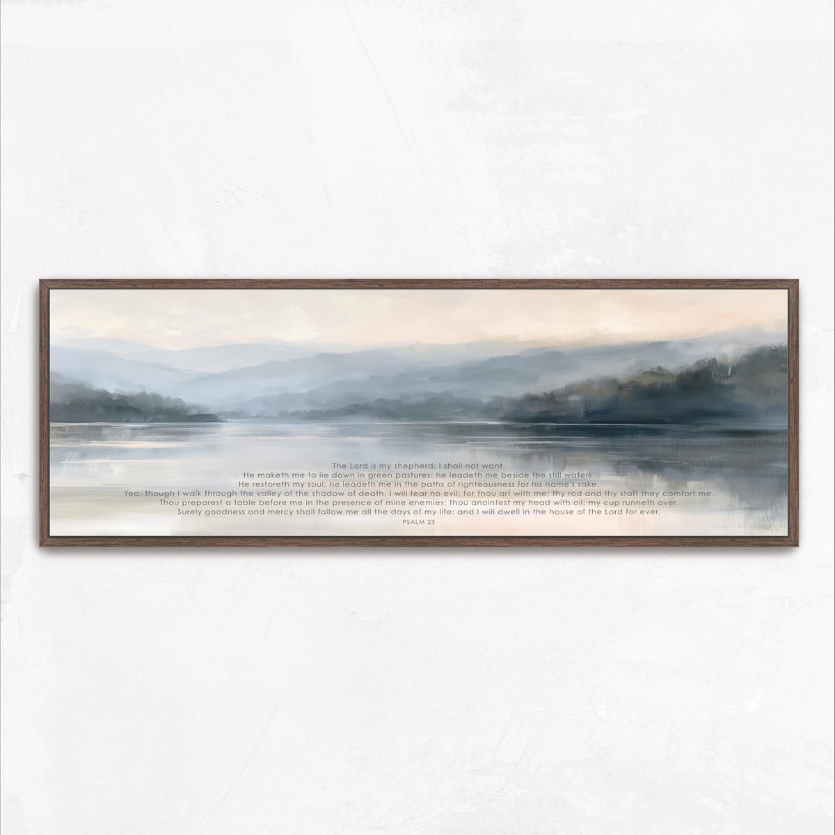 The image is a framed painting depicting a serene landscape with a body of water and mountains in the background.