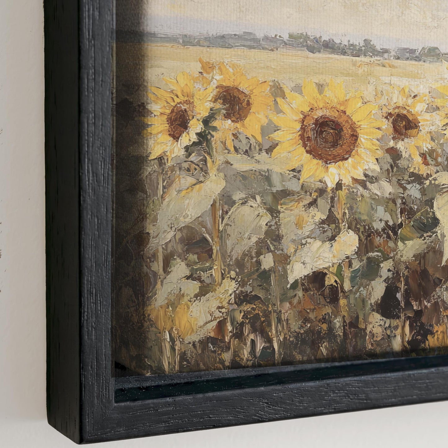 The image is a painting of a field with sunflowers.
