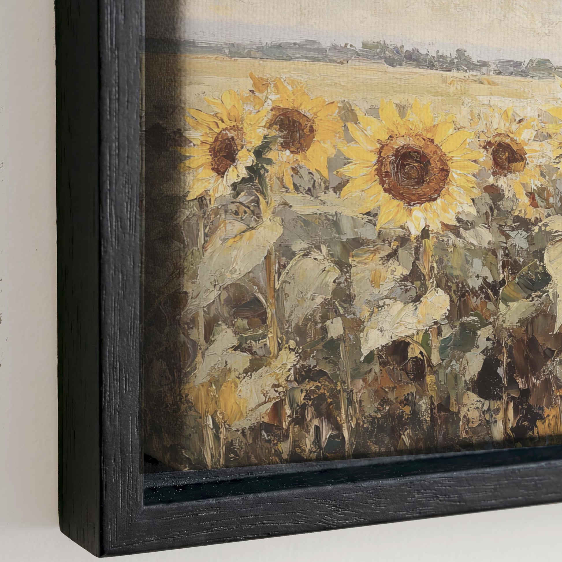 The image is a painting of a field with sunflowers.