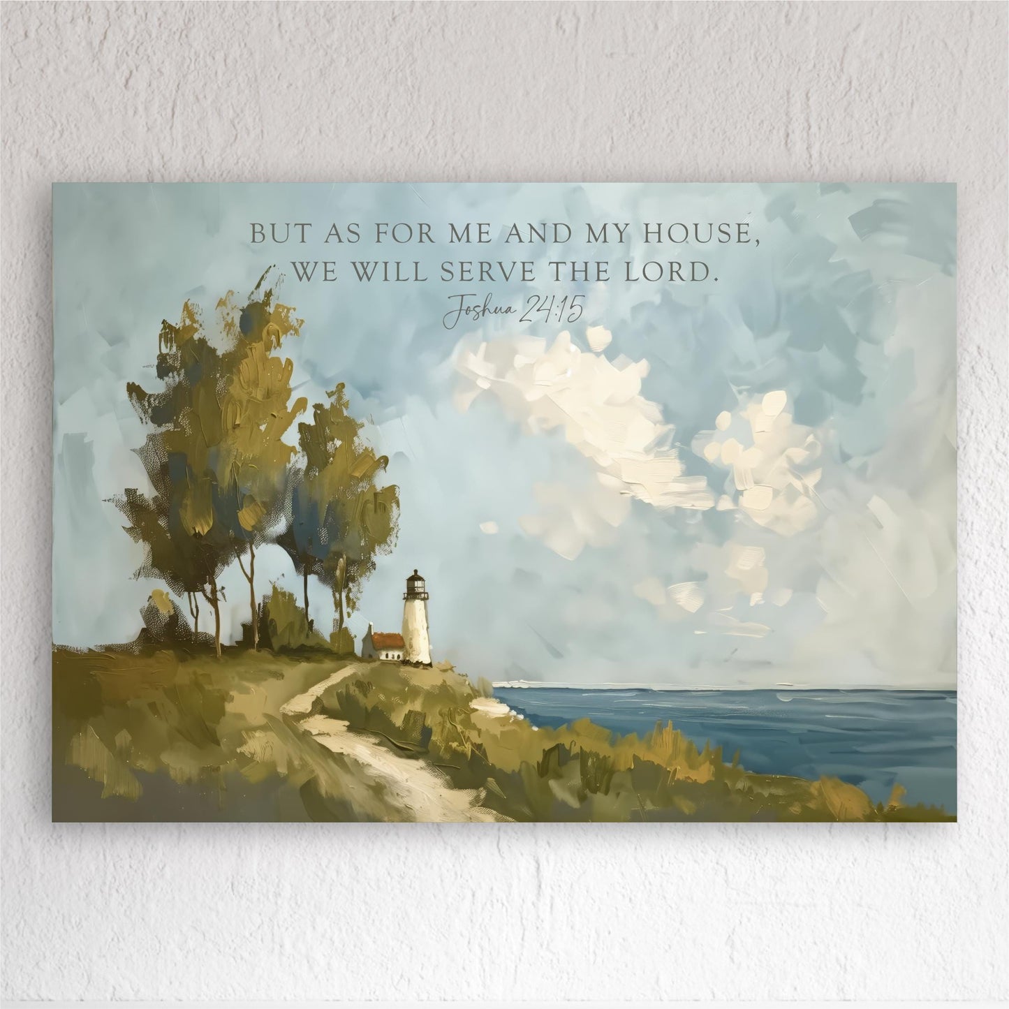 a lighthouse on a hill overlooking the ocean, with a serene landscape and a cloudy sky in the background.