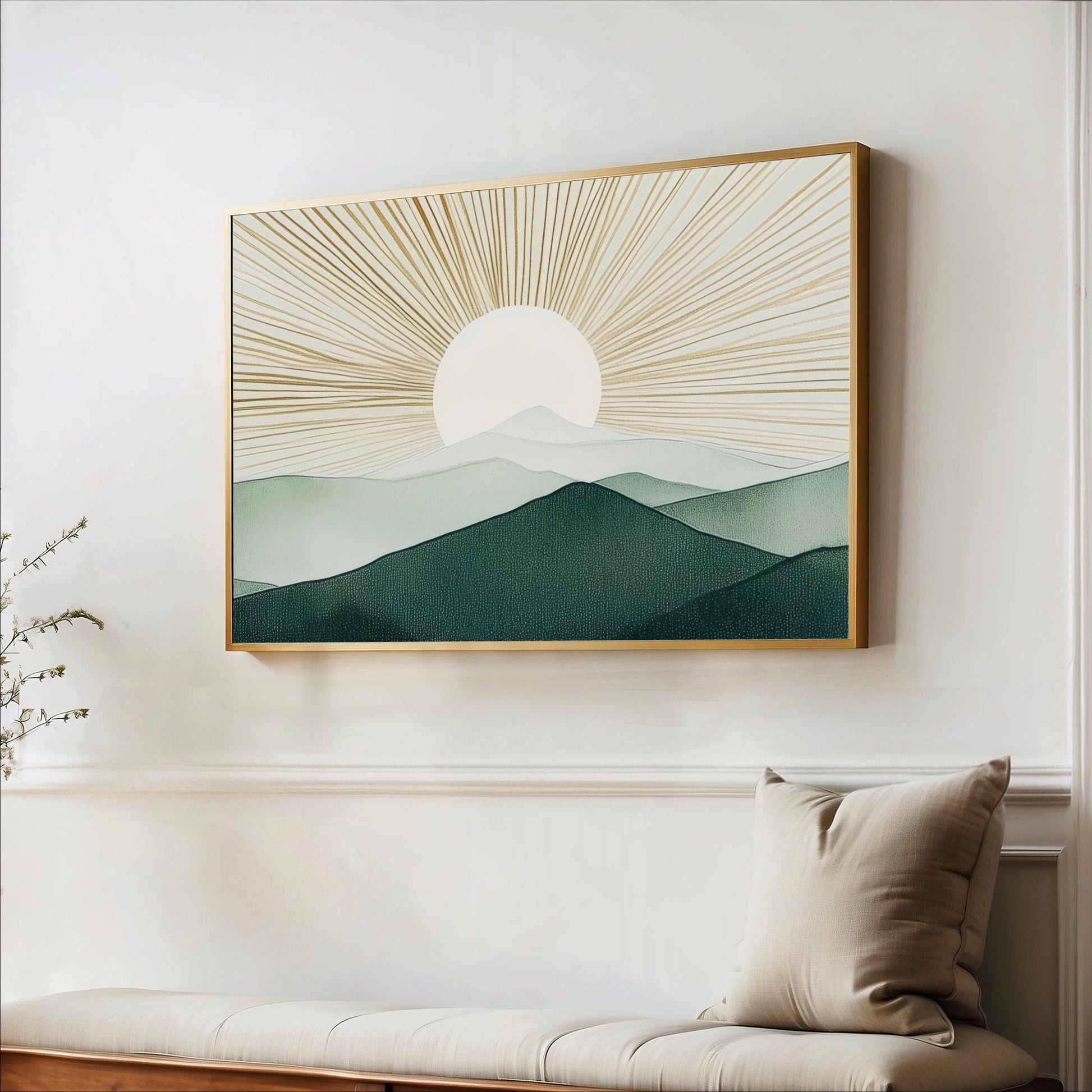 a large framed artwork depicting a serene landscape with mountains and a sun-like design in the sky.