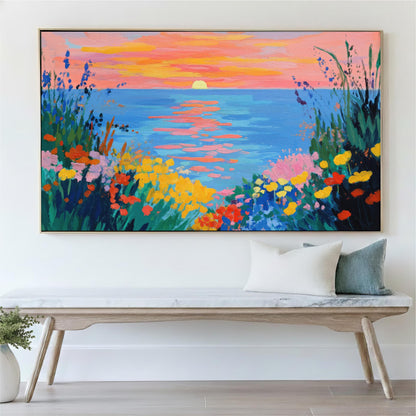 a large, colorful painting of a sunset over a field of flowers, hanging on a wall above a wooden bench.