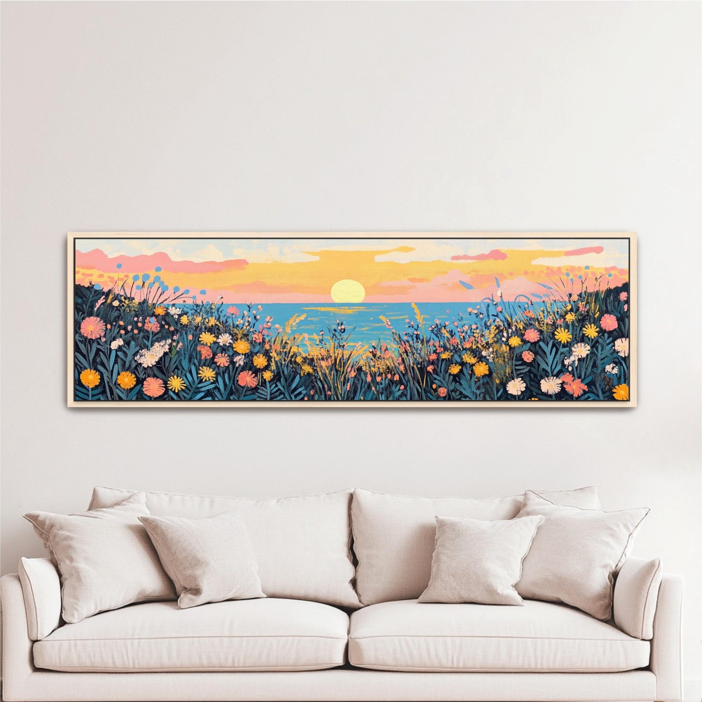a living room with a couch and a painting on the wall