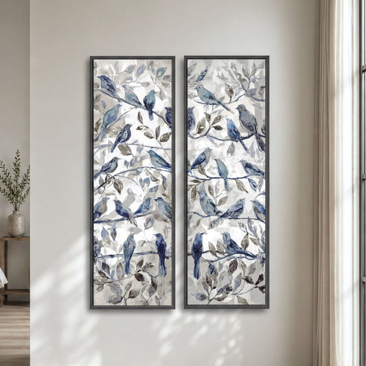 Blue Bird Wall Art Set of 2, Songbird Diptych, Tall Narrow Nature Artwork, Neutral Botanical Wall Decor, Cottagecore Framed Canvas Print