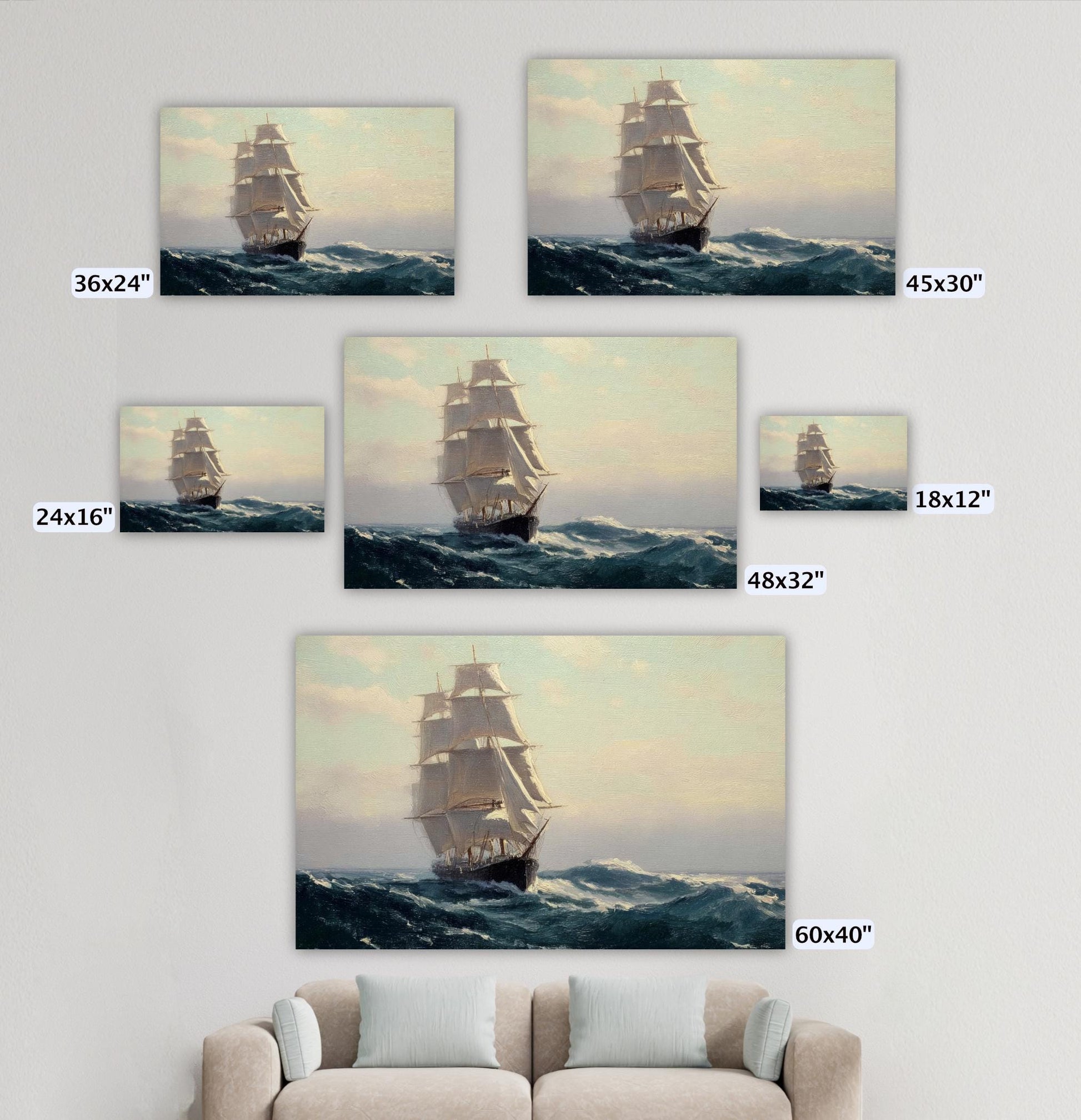 The image is a collage of five photographs depicting a large sailing ship on the ocean.