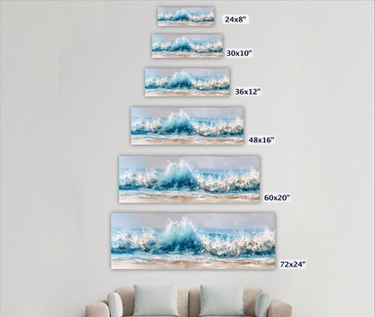 A series of framed ocean wave paintings displayed on a wall, with each frame varying in size.