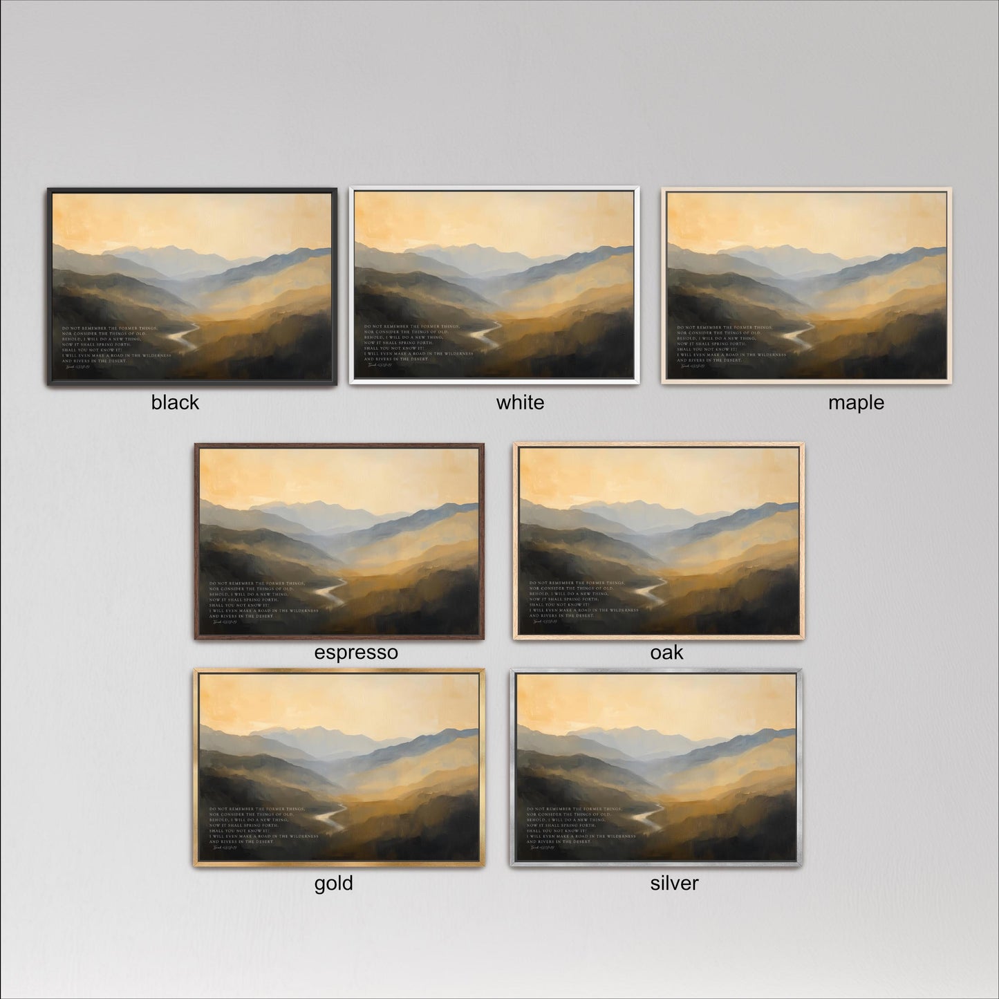 six framed landscape paintings, each with a different color frame, arranged in a grid against a gray background.