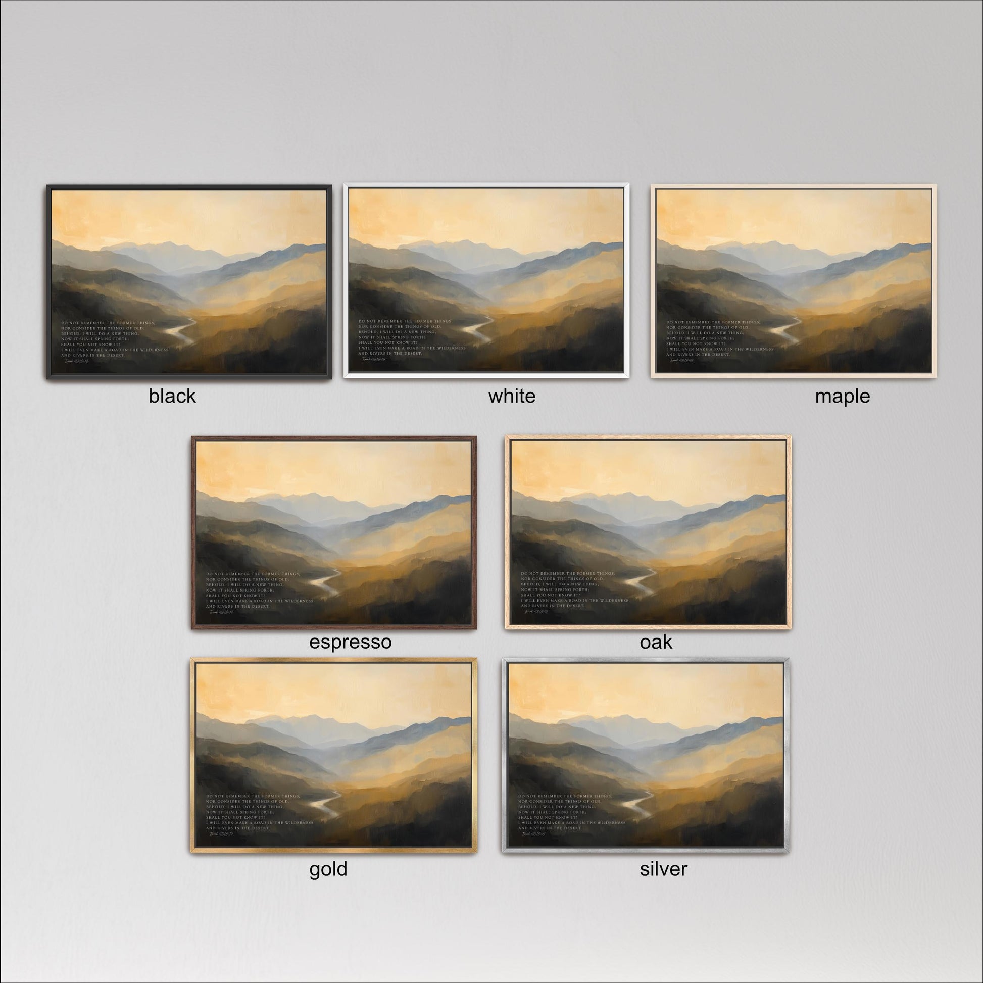 six framed landscape paintings, each with a different color frame, arranged in a grid against a gray background.