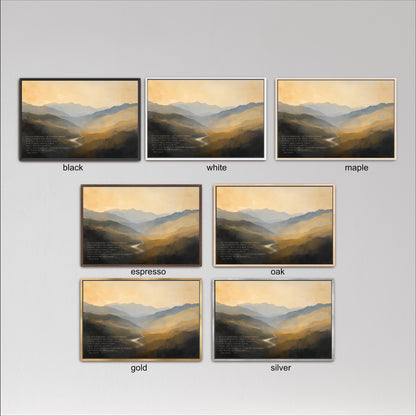 six framed landscape paintings, each with a different color frame, arranged in a grid against a gray background.