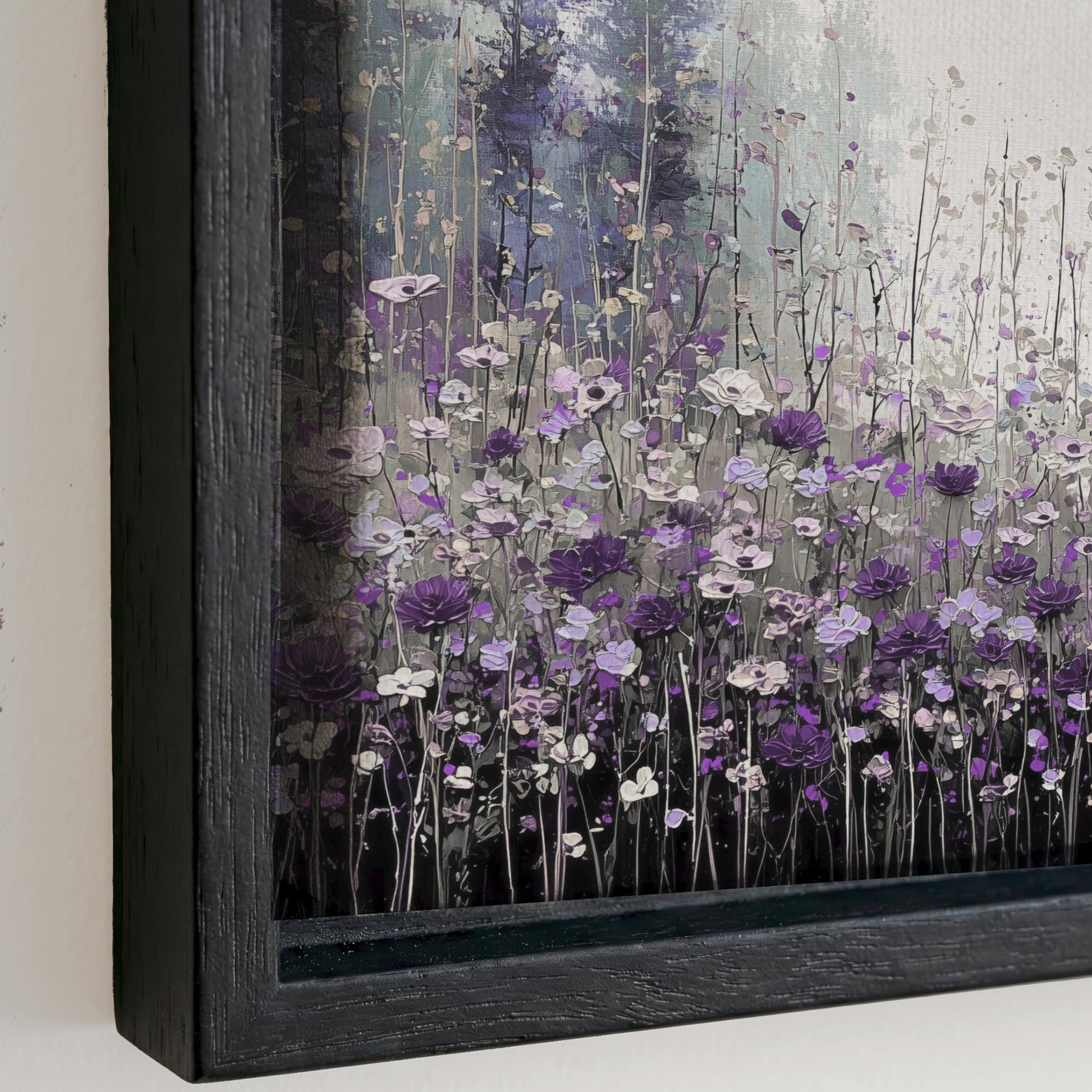 The image is a framed painting depicting a field of purple flowers.