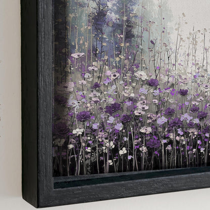 The image is a framed painting depicting a field of purple flowers.