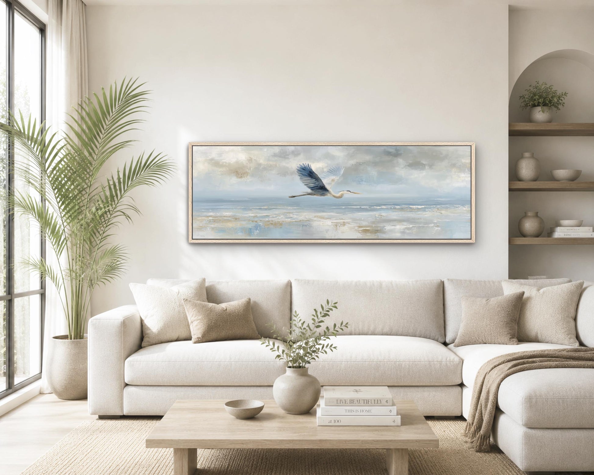 Flying Great Blue Heron Wall Art, Coastal Abstract Canvas Print, Large Beach Landscape, Panoramic Ocean Decor, Bird Artwork, Beach House
