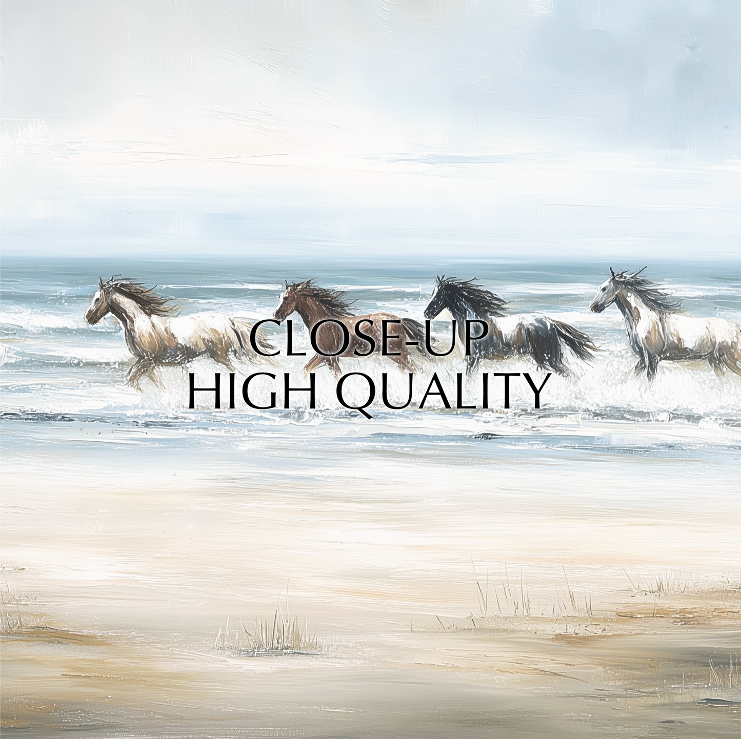 three horses running on a beach, with the ocean in the background.