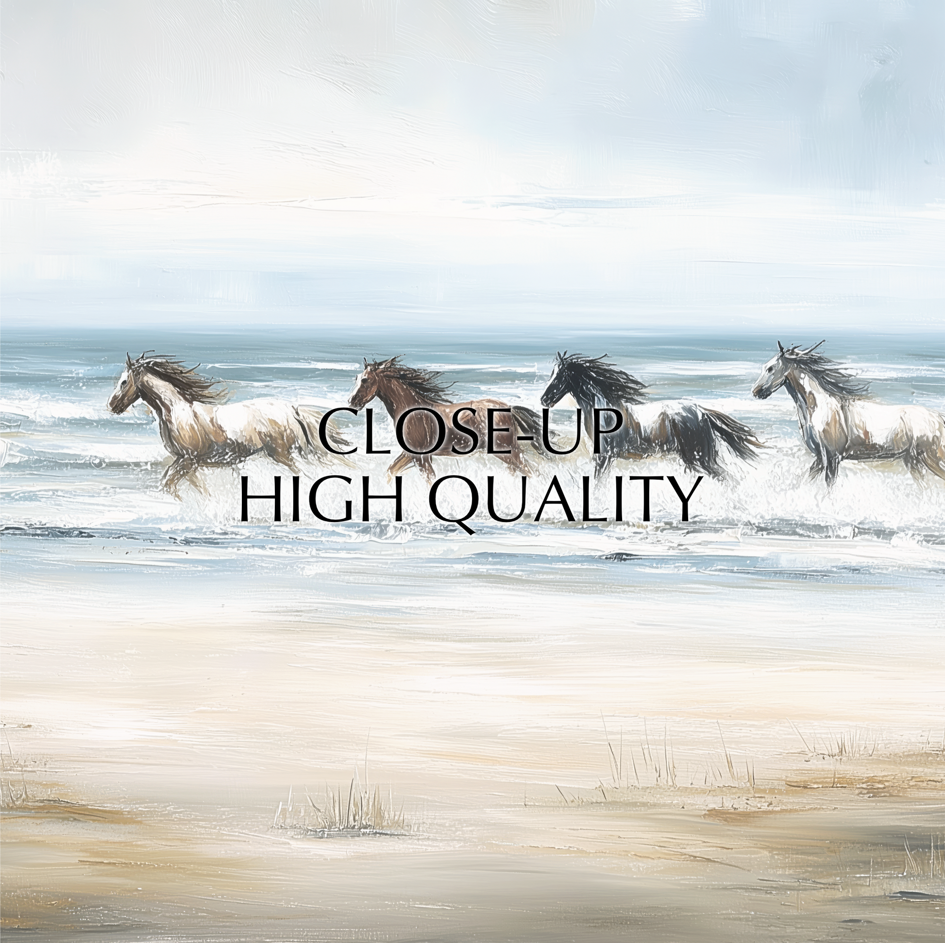 three horses running on a beach, with the ocean in the background.