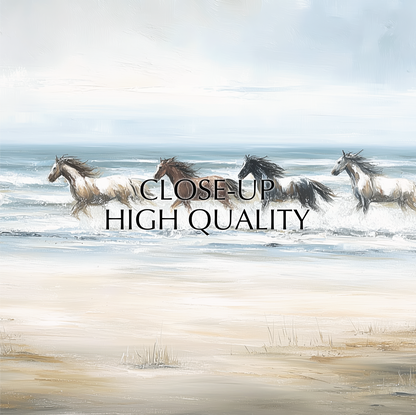 three horses running on a beach, with the ocean in the background.