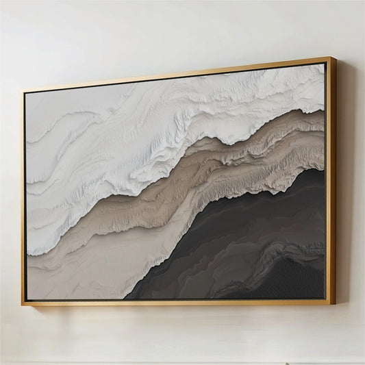 Abstract Brown Beige Neutral Minimalist Beach Wall Art, Ocean Wave Painting, Large Framed Canvas Wabi-Sabi, Living Room Horizontal