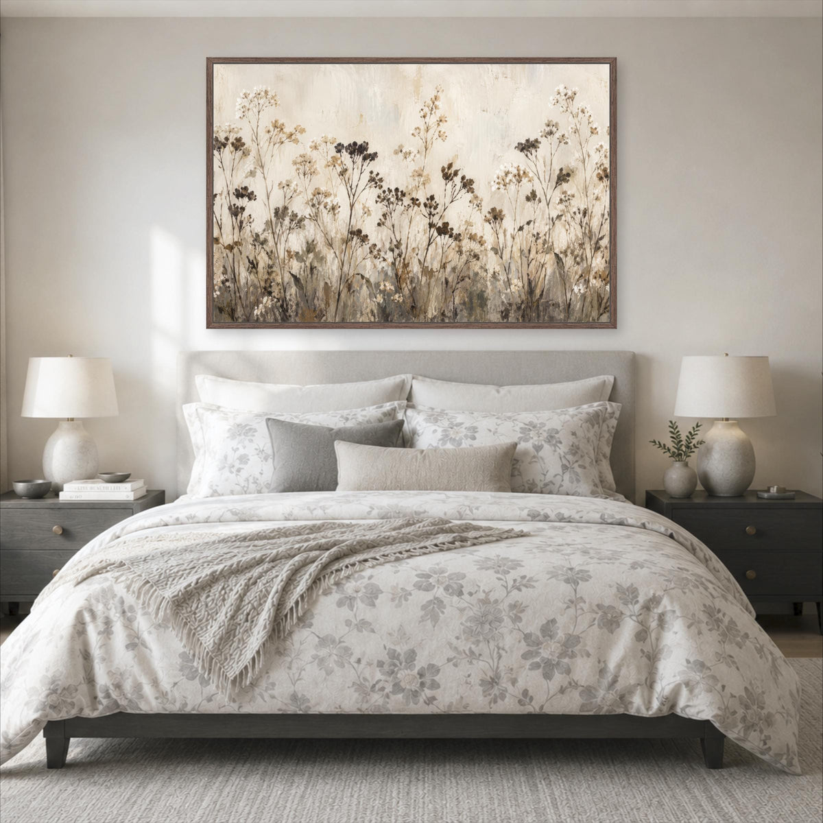 a serene and cozy bedroom with a large bed adorned with a floral comforter and pillows. Above the bed, there is a large painting of tall grasses and flowers, adding a touch of nature to the room's decor. The bed is flanked by two nightstands, each with a lamp, creating a warm and inviting atmosphere.