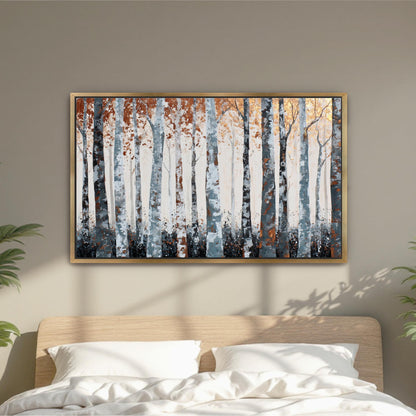 a large painting of a forest scene hanging on a wall above a bed with white pillows.