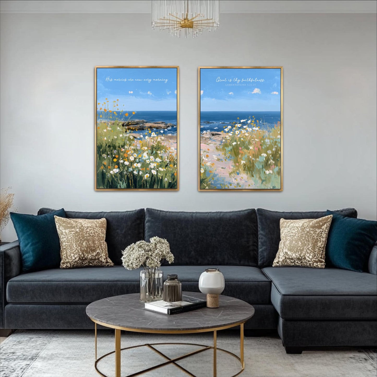 a living room with a black sectional sofa, a round coffee table, and two framed paintings of a beach scene hanging on the wall above the sofa.