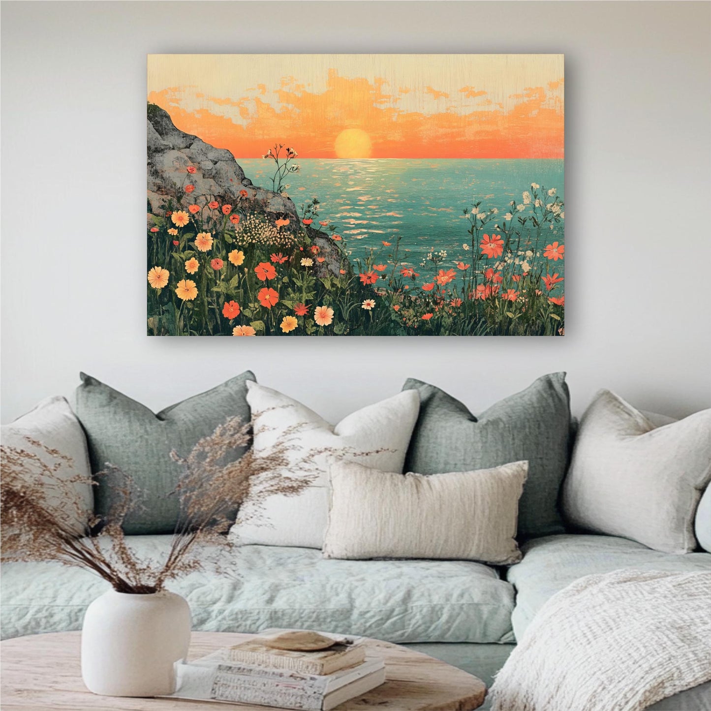 a living room with a couch and a painting on the wall