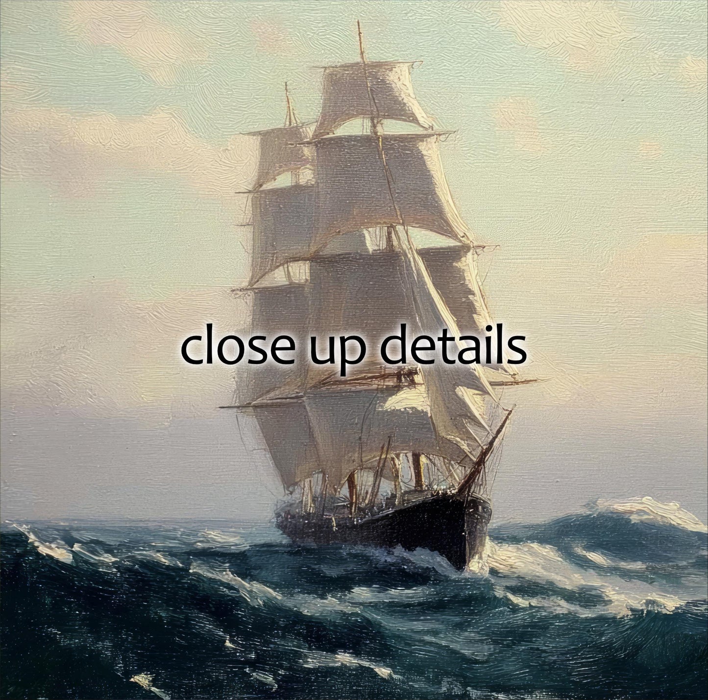 a large sailing ship with multiple masts and sails navigating through rough seas.