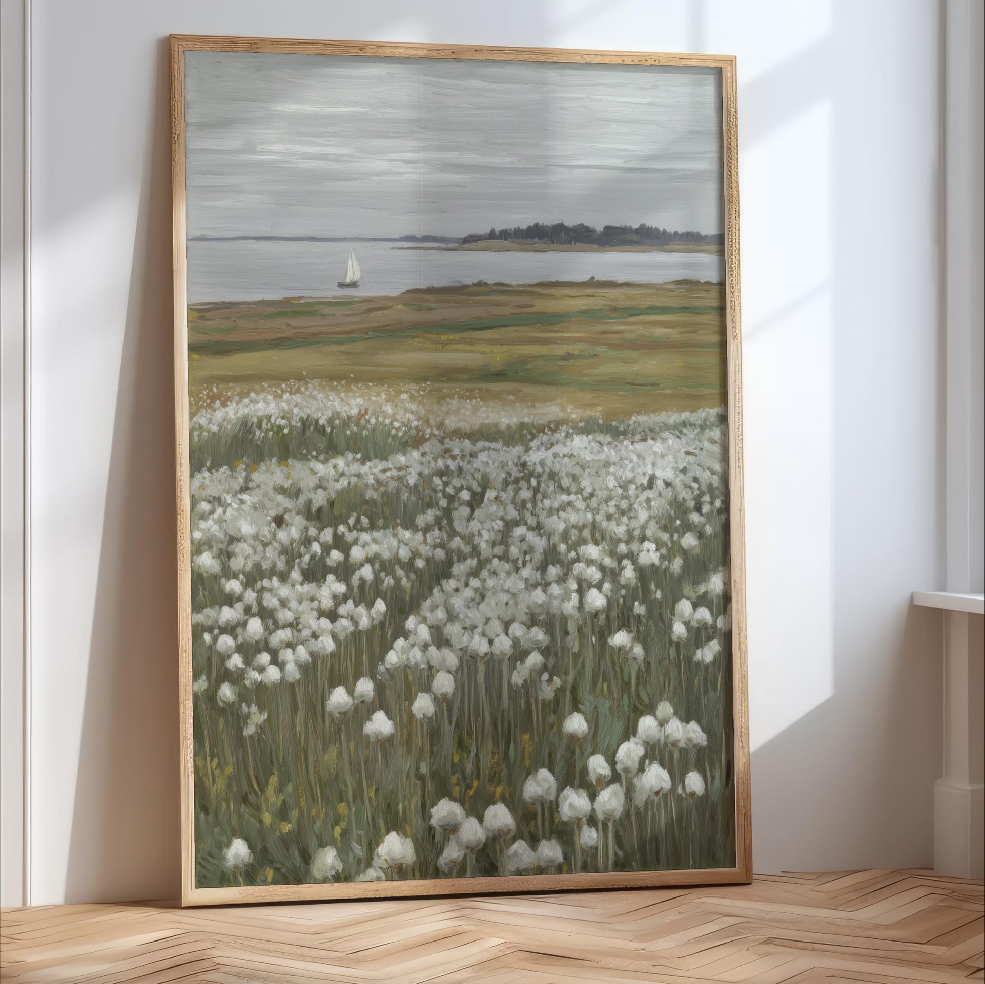 The image is a painting of a field of white flowers, with a sailboat visible in the distance on the water.
