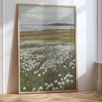 The image is a painting of a field of white flowers, with a sailboat visible in the distance on the water.