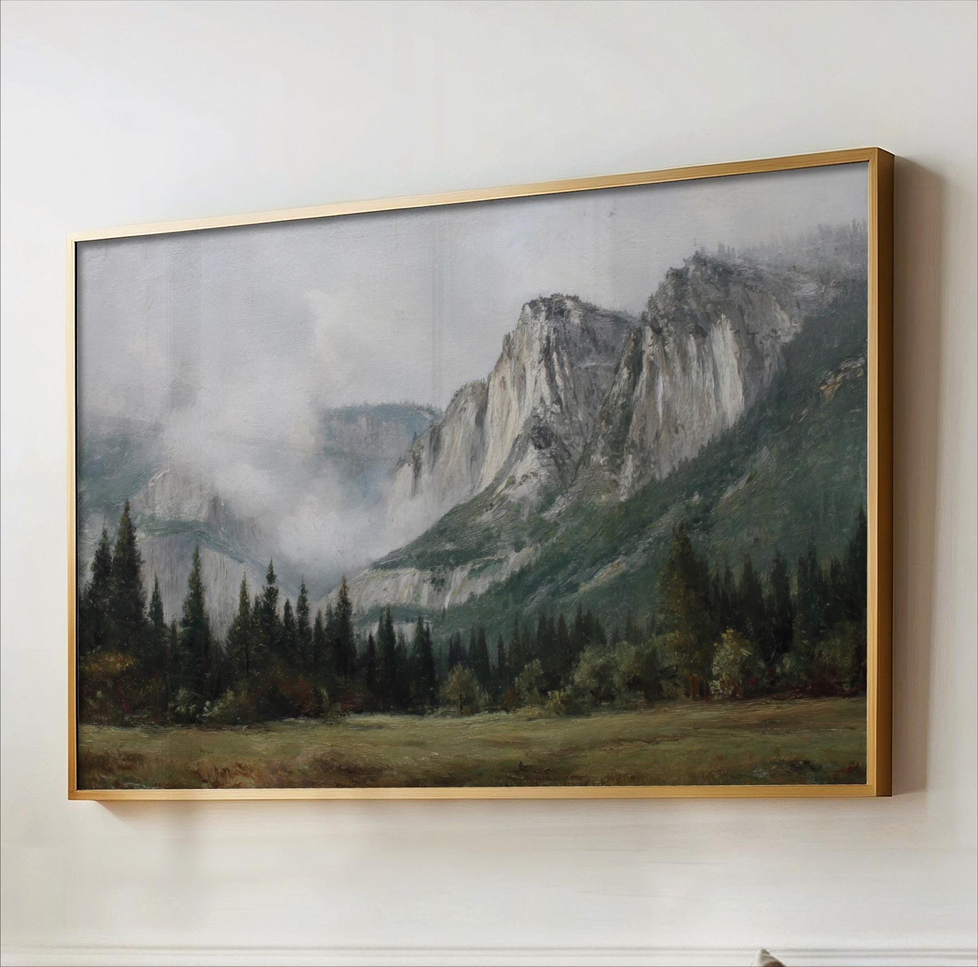 The image is a painting of a mountainous landscape with a forested area in the foreground.