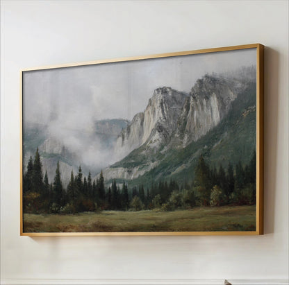 The image is a painting of a mountainous landscape with a forested area in the foreground.