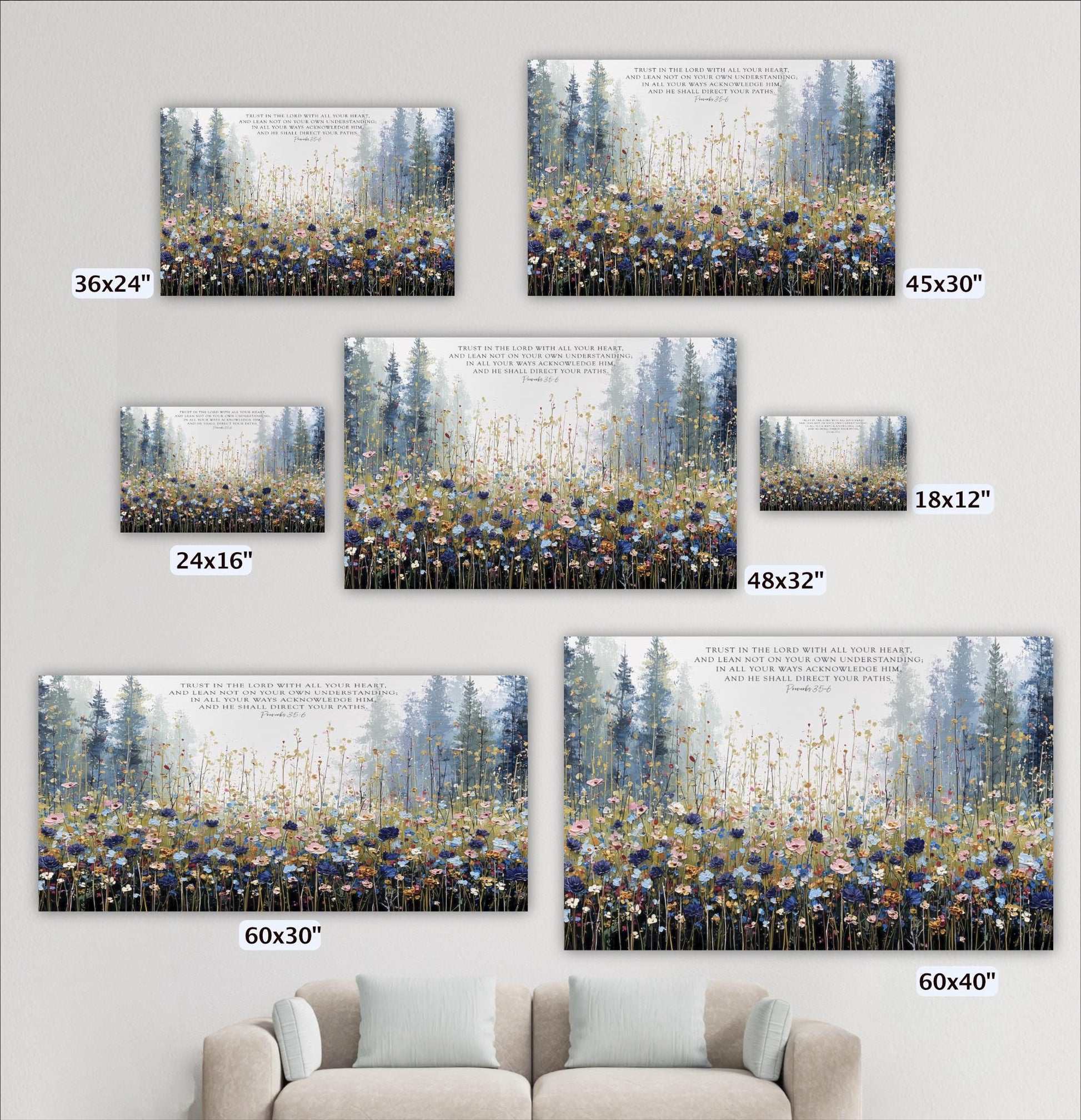 a collection of six framed landscape paintings, each with a different size and frame, arranged on a wall next to a couch.