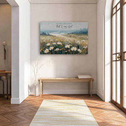 a serene and peaceful setting with a large painting of a field of flowers hanging on the wall, a wooden bench in the foreground, and a window with a view of the outdoors.