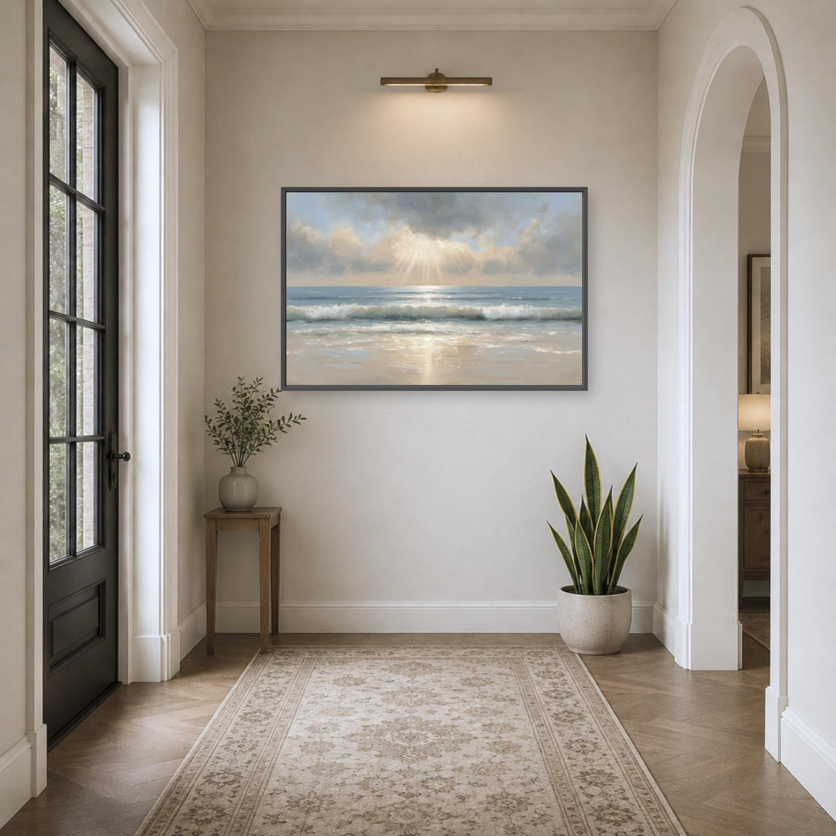 a serene hallway with a large painting of a beach scene hanging on the wall, a small table with a plant, and a rug on the floor.