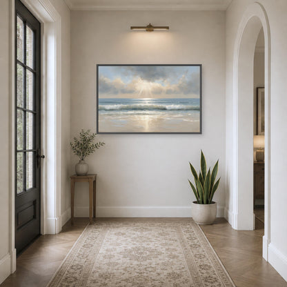 a serene hallway with a large painting of a beach scene hanging on the wall, a small table with a plant, and a rug on the floor.