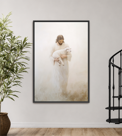 a person in a white robe holding a lamb, with a potted plant to the left and a spiral staircase to the right.